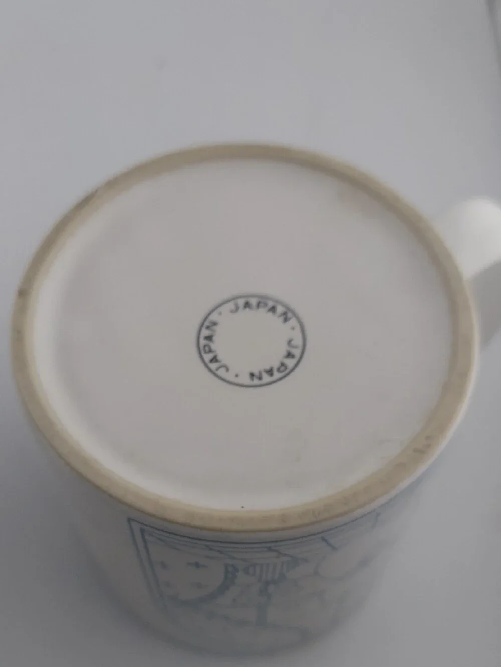Vintage White Mugs with Light Blue Cat Print - Set of 2